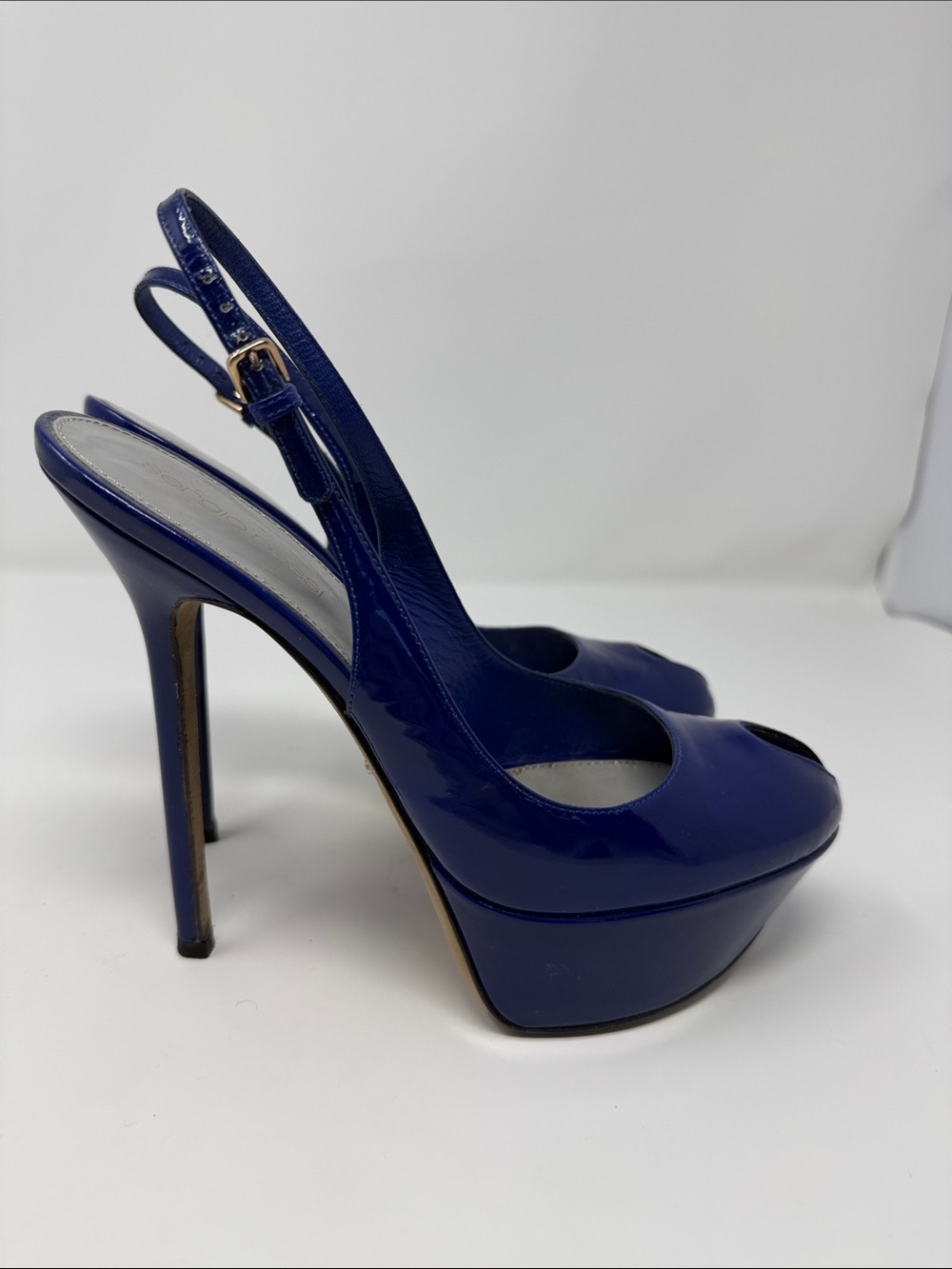 Sergio Rossi Blue Patent Slingback Peep-Toe Heels - Picture 4 of 7